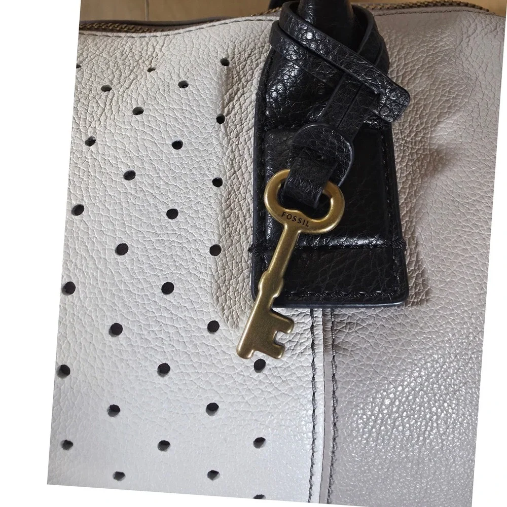 Fossil Jori Large Satchel Purse Gray White Leather Handbag Top Handle Bag w/ Key